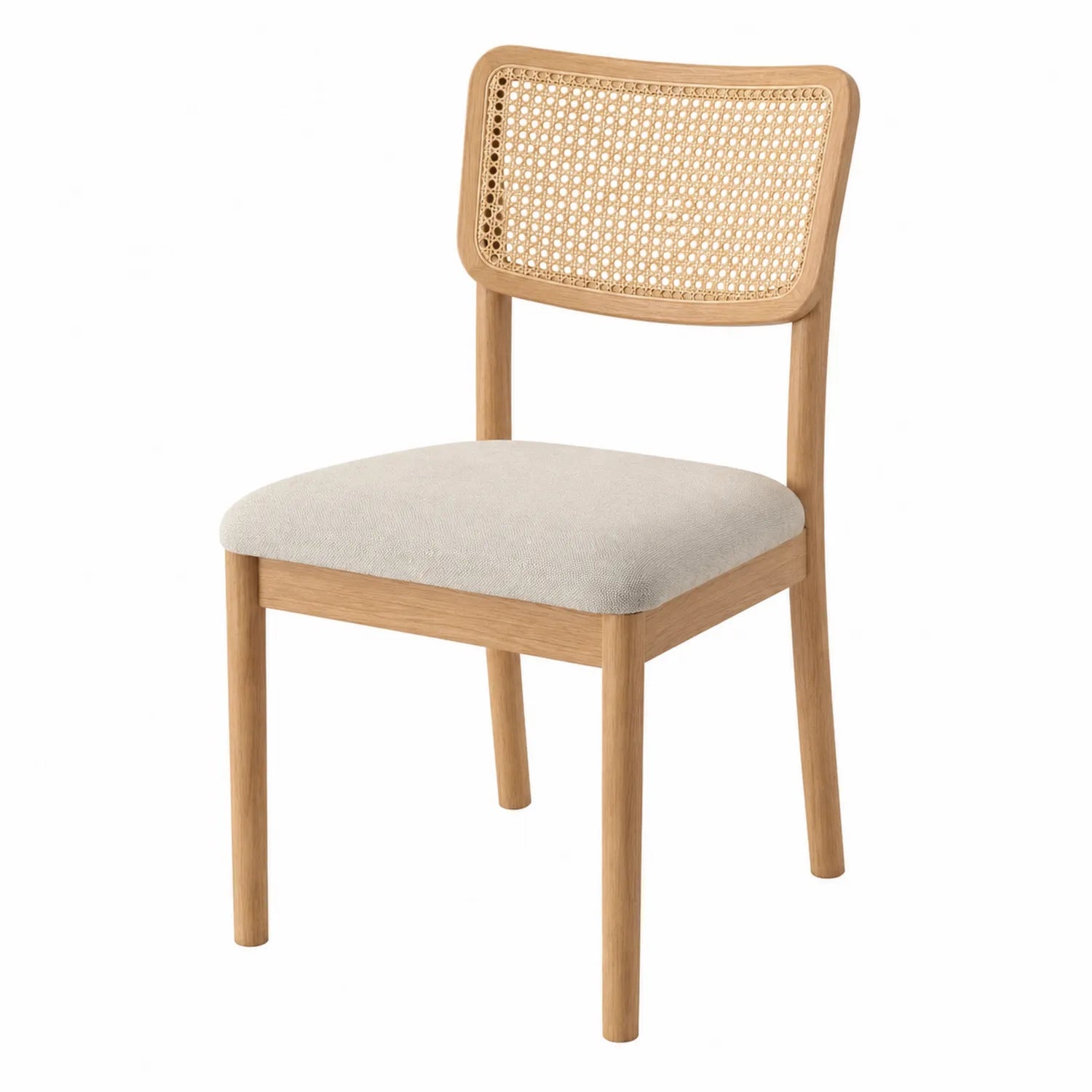 Esszimmerstuhl aus Holz mit Rattangeflecht und Leinenbezug Beige