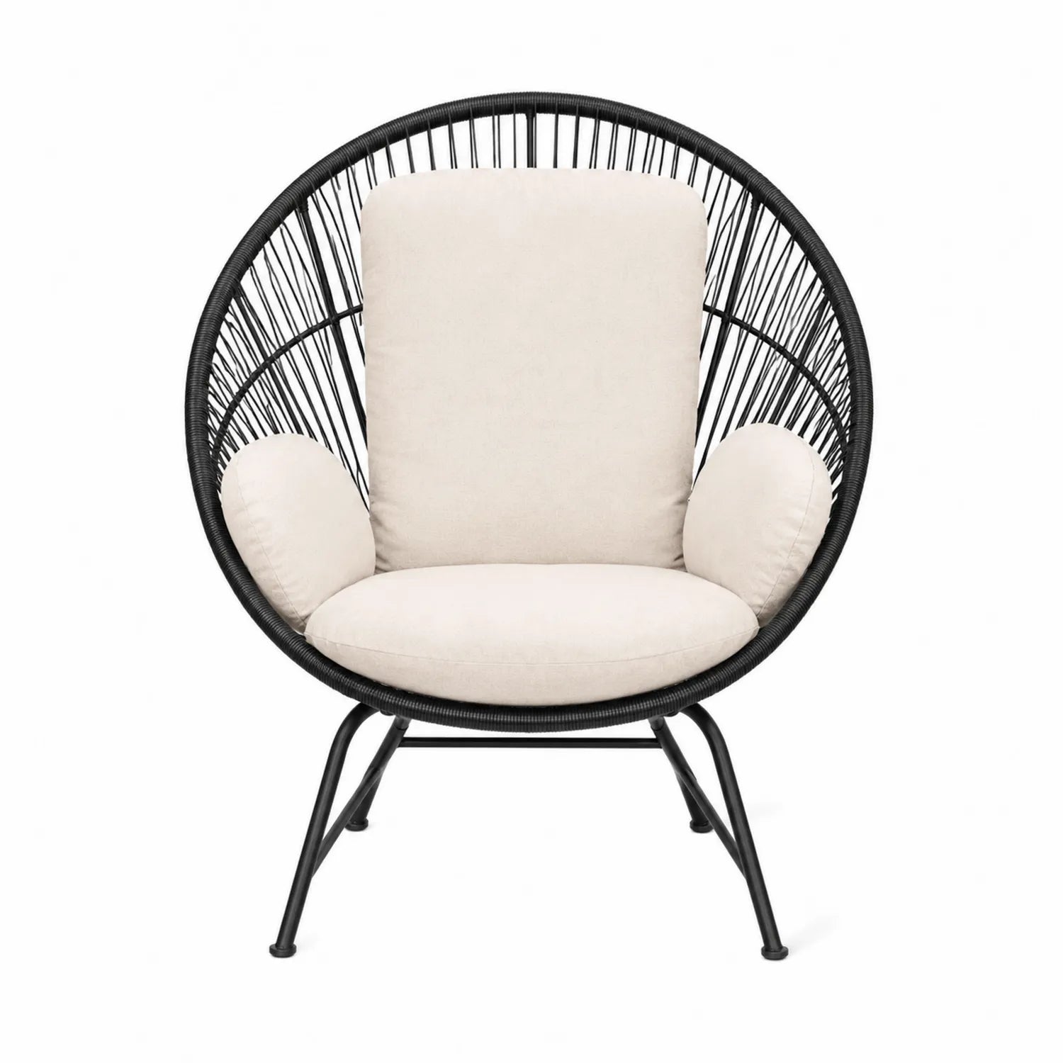 Schwarzer Stuhl mit Polyrattan Beige Kissen