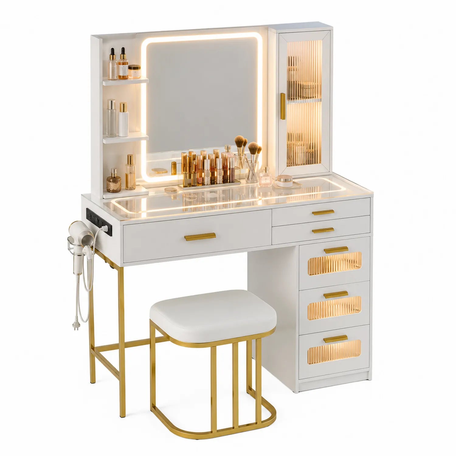 Schminktisch aus MDF mit LED-Beleuchtung Weiß/Gold 100x50x140cm