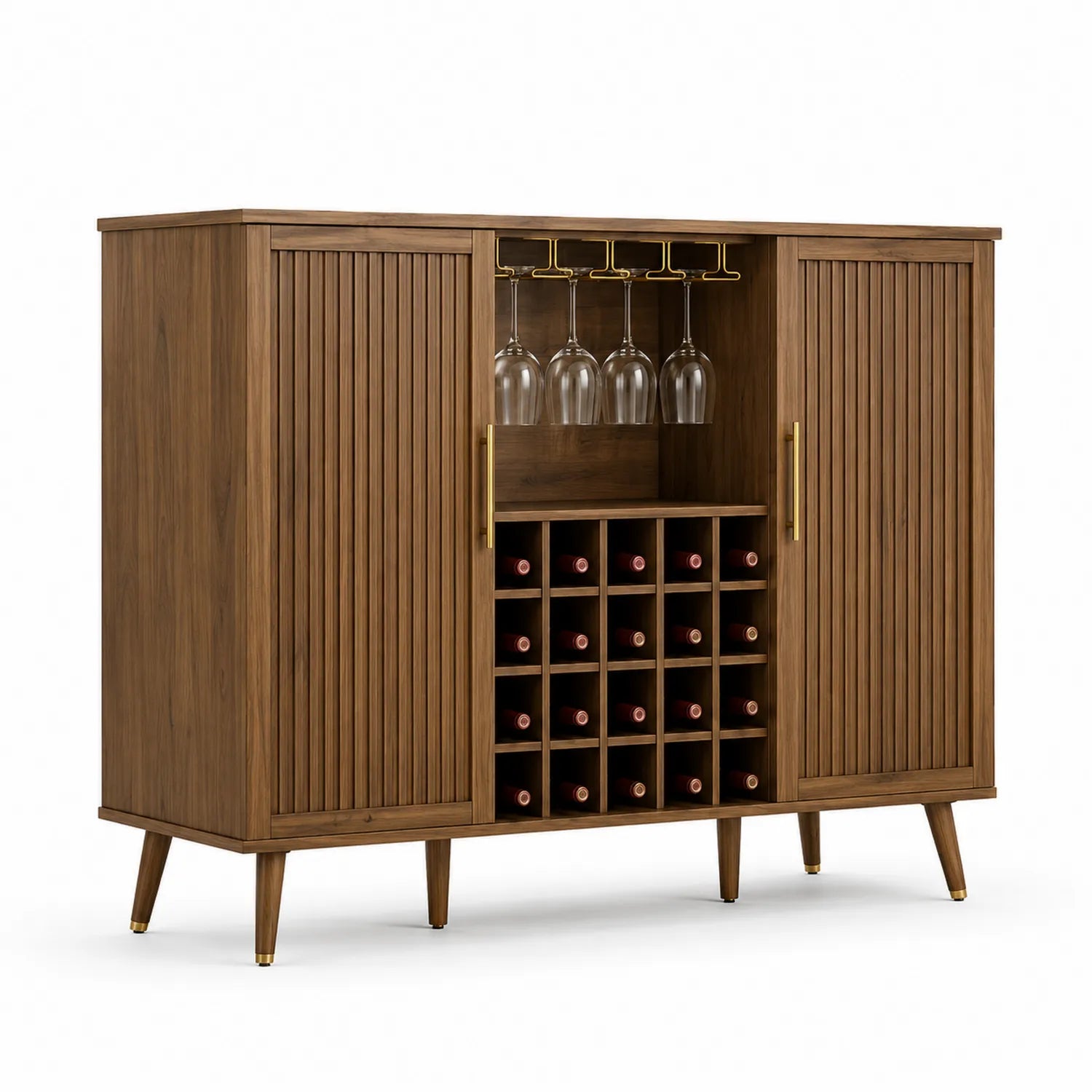 Walnussholz Sideboard mit Weinregal und Glashalter Braun