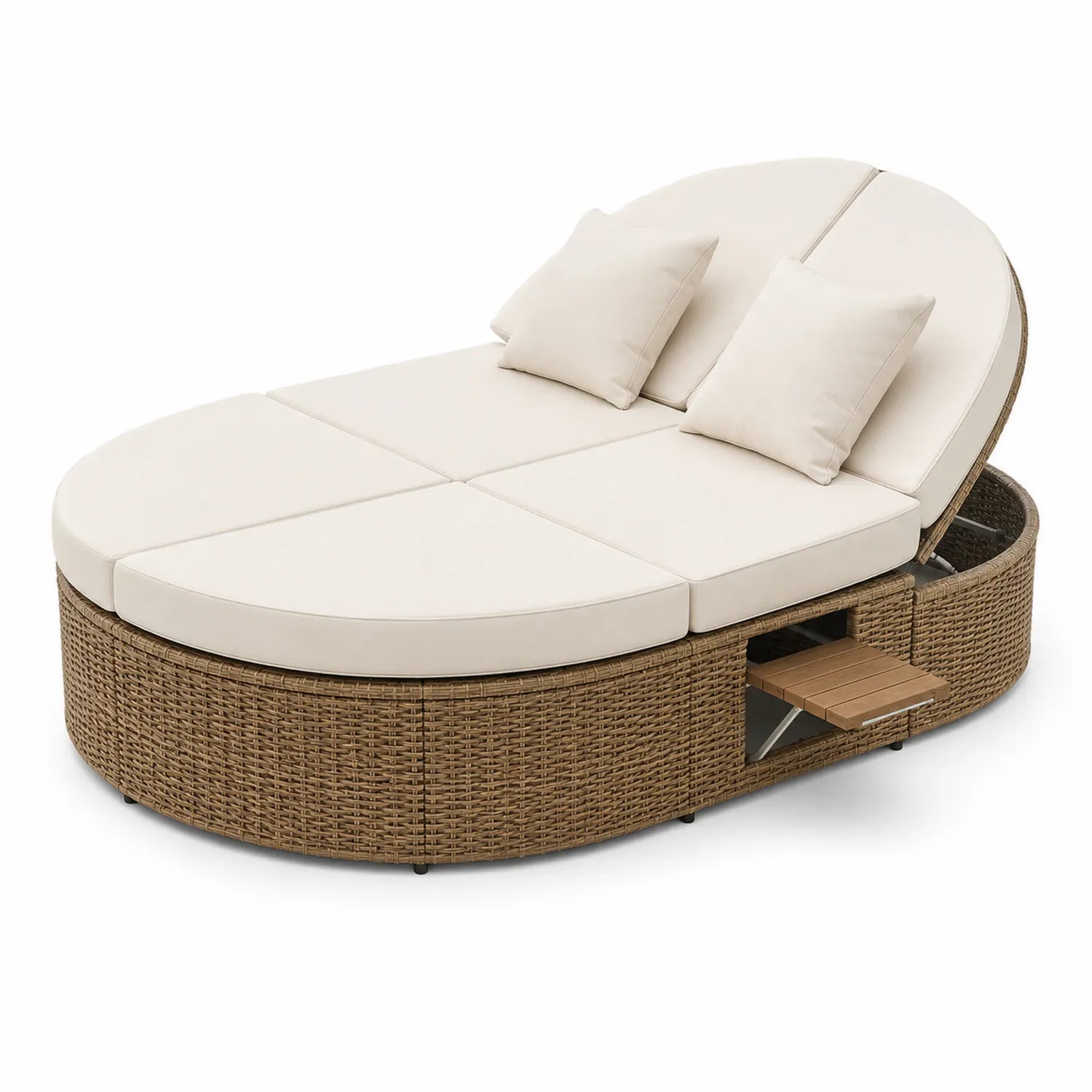 Rundes Garten Tagesbett Polyrattan Braun Creme mit Kissen