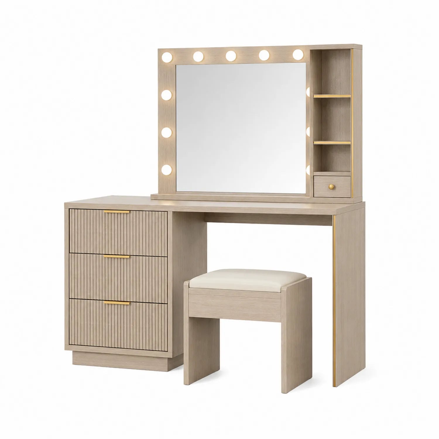 Schminktisch-Set Holz Beige mit LED-Spiegel und Hocker