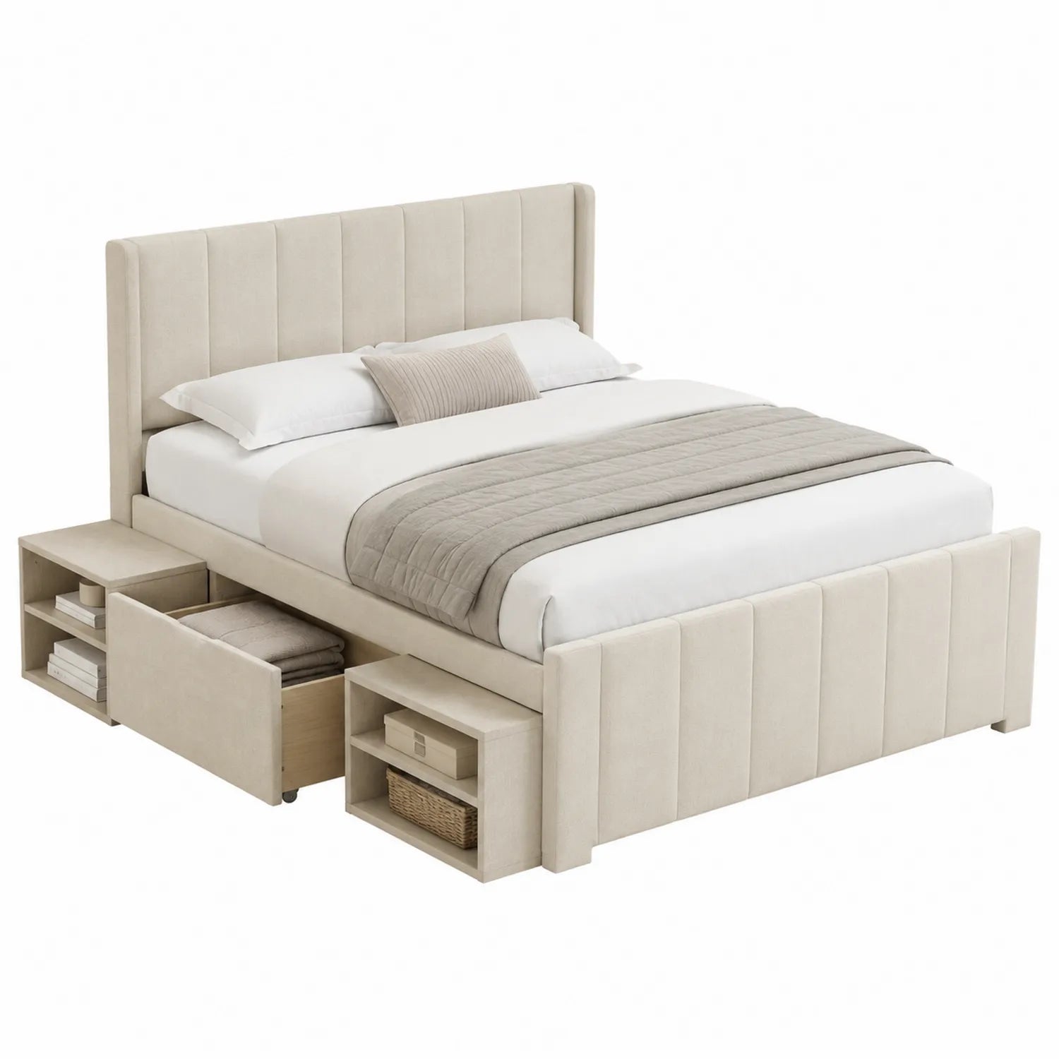 Stoff Doppelbett mit Aufbewahrung Beige 200x140 cm
